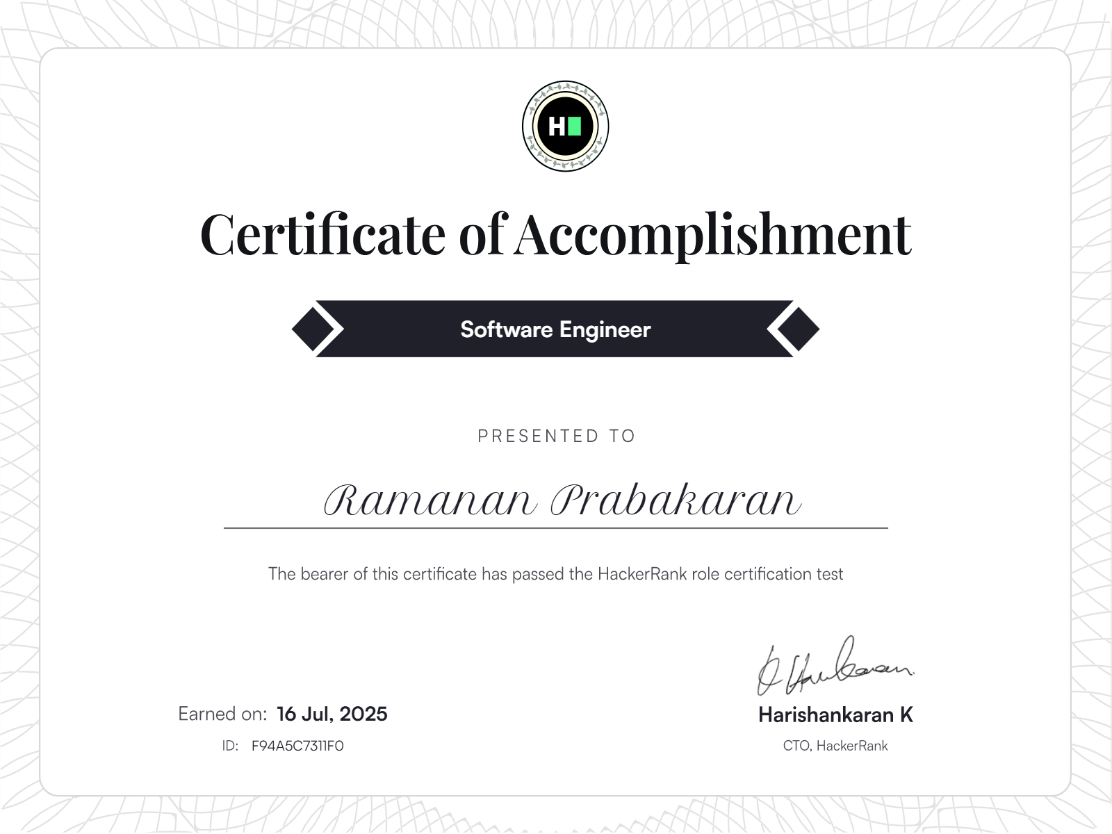 HackerRank Software Engineer Certificate